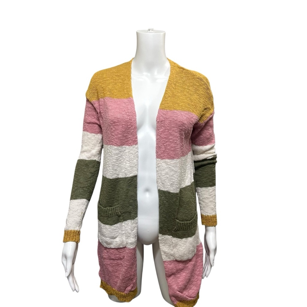 Charlie B Bold Multicolor Stripe Nubby Knit Open Front Long Line Cardigan Sz XS